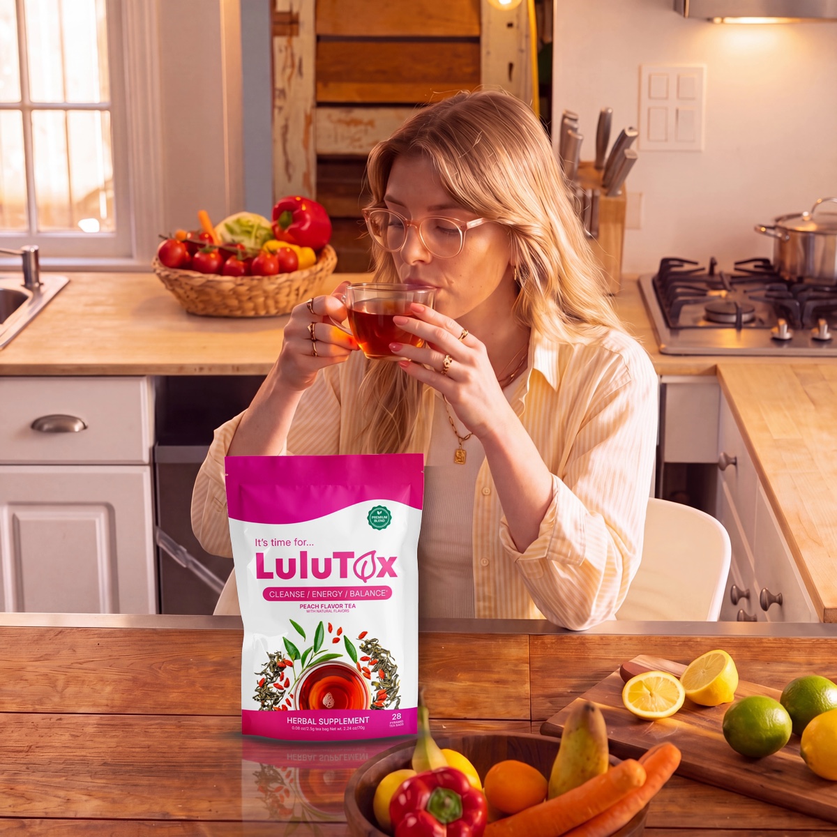 Lulutox customer drinking tea in her kitchen with the pouch on the table