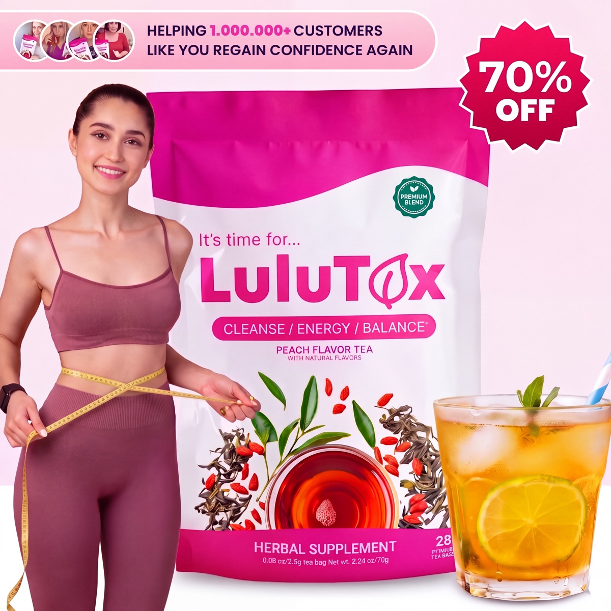 Lulutox peach flavor tea pouch with 80% off and free shipping badges