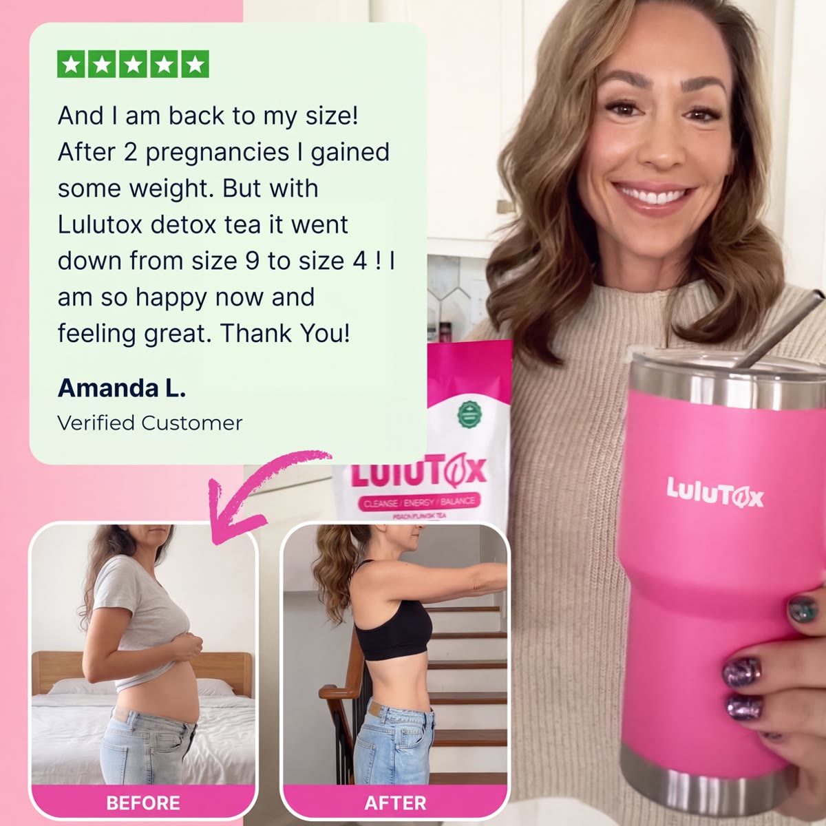 Amanda L. verified customer review with before and after photos